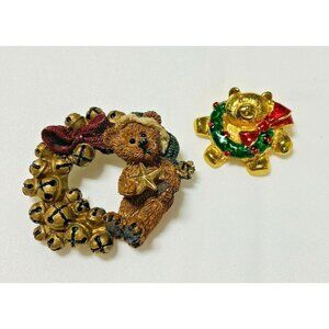 VTG Christmas Bear Brooches Pins Lot of 2 Gold-tone Enamel and Resin Grannycore
